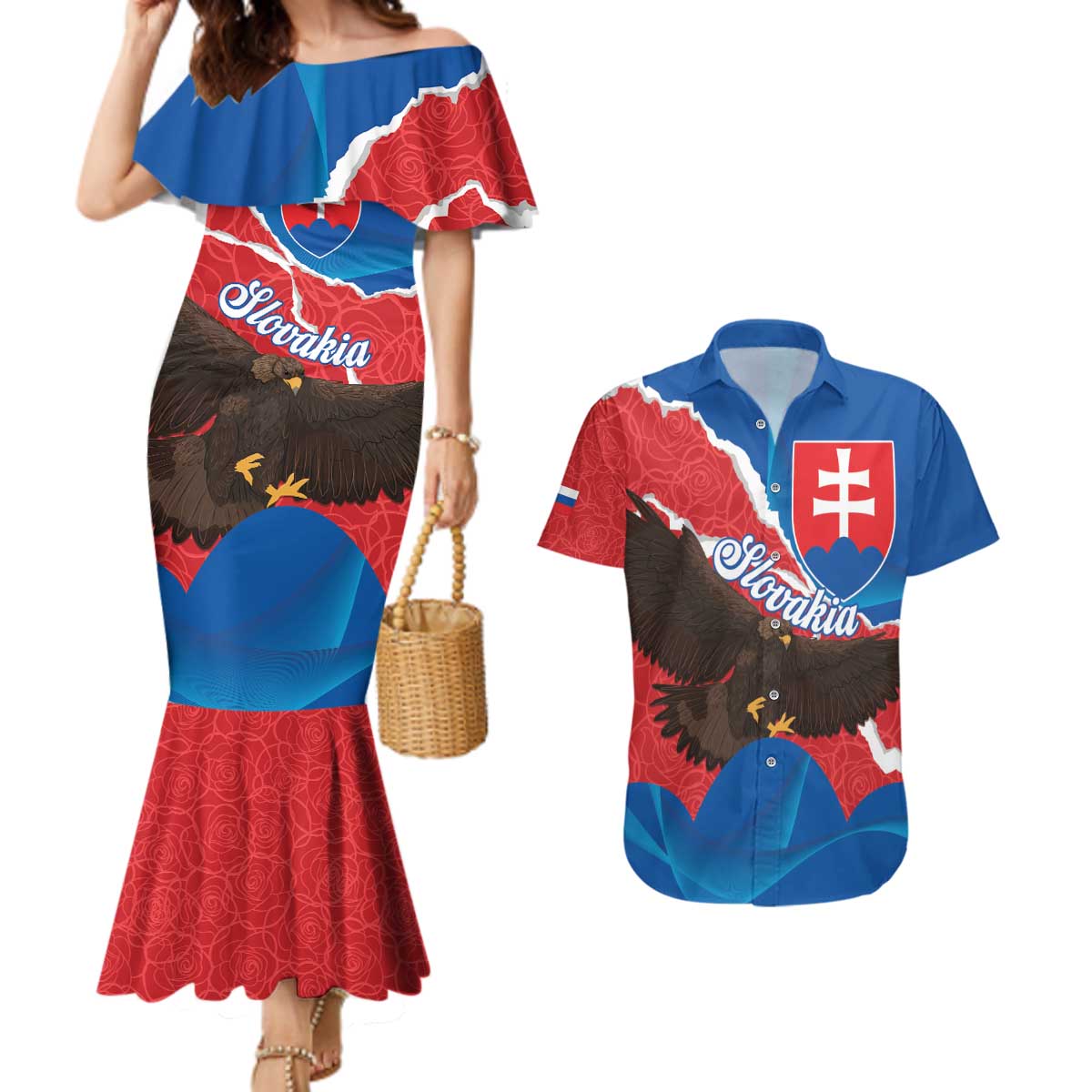 Slovakia Restoration Day Couples Matching Mermaid Dress and Hawaiian Shirt Happy 1st Of January - Slovak Golden Eagle - Wonder Print Shop