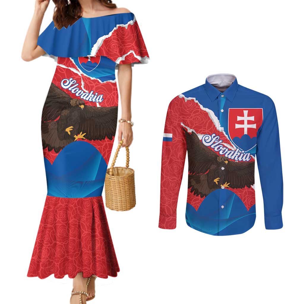 Slovakia Restoration Day Couples Matching Mermaid Dress and Long Sleeve Button Shirt Happy 1st Of January - Slovak Golden Eagle