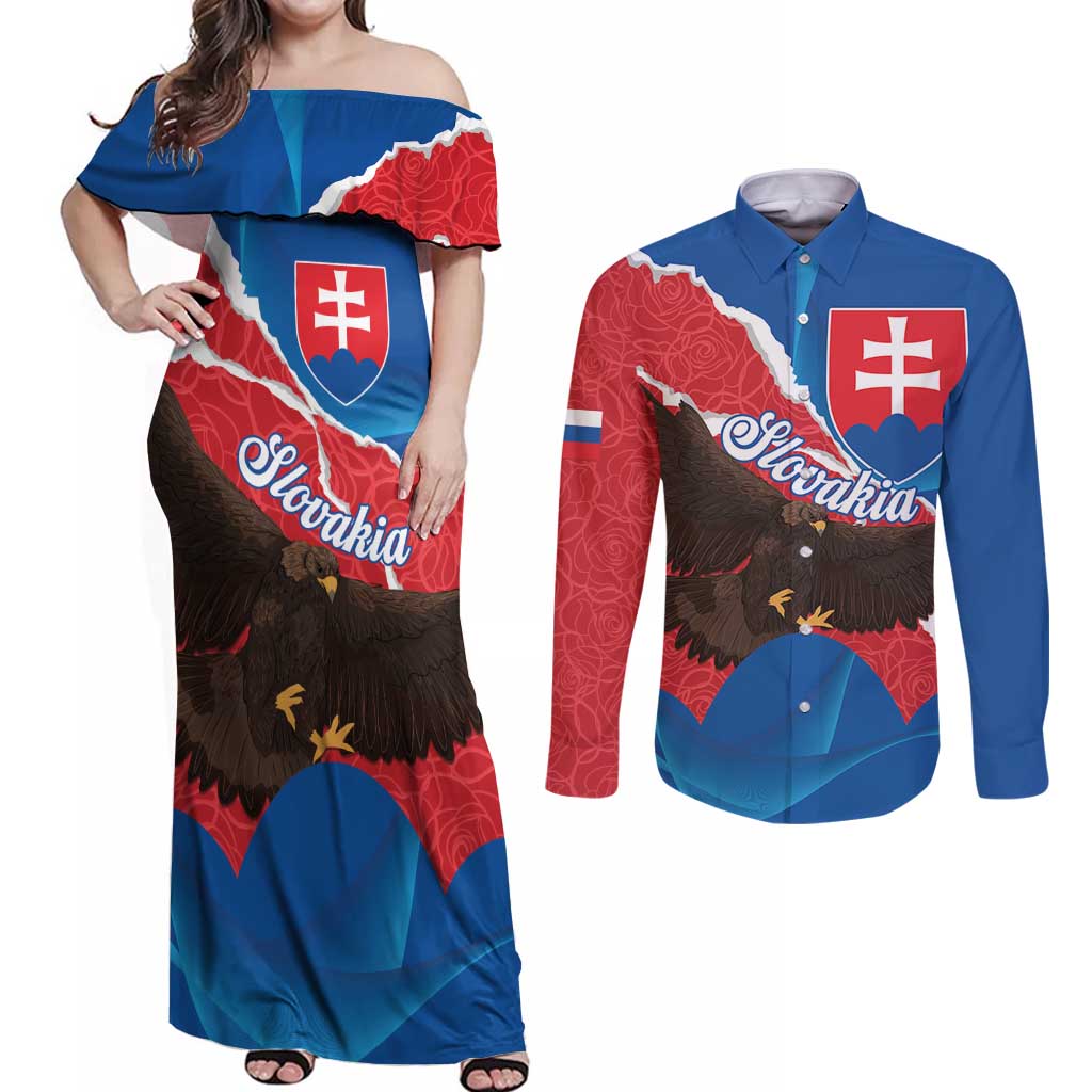 Slovakia Restoration Day Couples Matching Off Shoulder Maxi Dress and Long Sleeve Button Shirt Happy 1st Of January - Slovak Golden Eagle - Wonder Print Shop