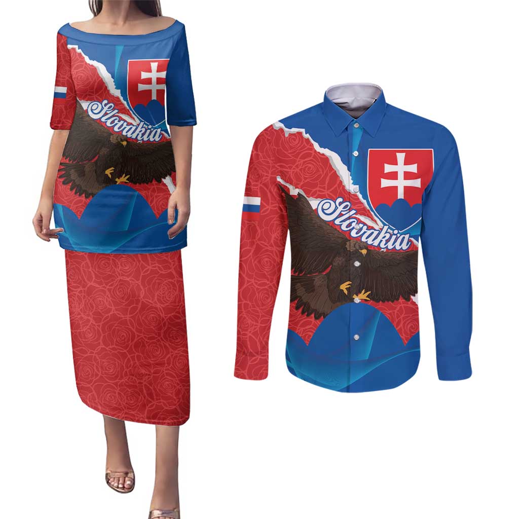 Slovakia Restoration Day Couples Matching Puletasi and Long Sleeve Button Shirt Happy 1st Of January - Slovak Golden Eagle - Wonder Print Shop