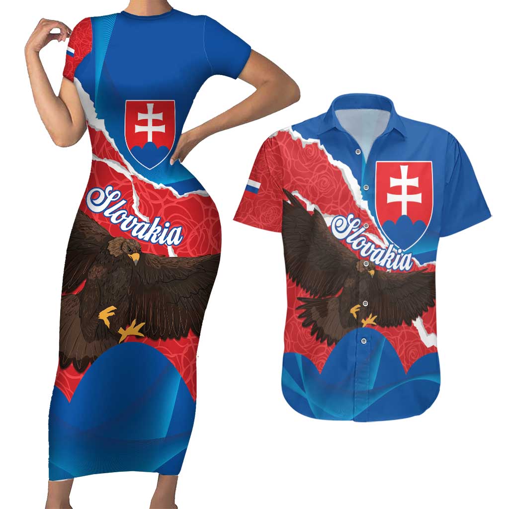 Slovakia Restoration Day Couples Matching Short Sleeve Bodycon Dress and Hawaiian Shirt Happy 1st Of January - Slovak Golden Eagle - Wonder Print Shop