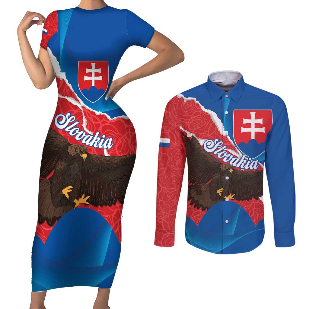 Slovakia Restoration Day Couples Matching Short Sleeve Bodycon Dress and Long Sleeve Button Shirt Happy 1st Of January - Slovak Golden Eagle - Wonder Print Shop