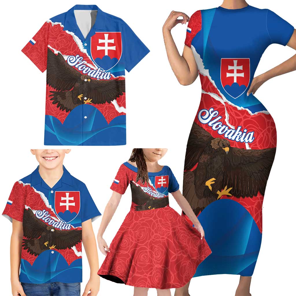 Slovakia Restoration Day Family Matching Short Sleeve Bodycon Dress and Hawaiian Shirt Happy 1st Of January - Slovak Golden Eagle - Wonder Print Shop