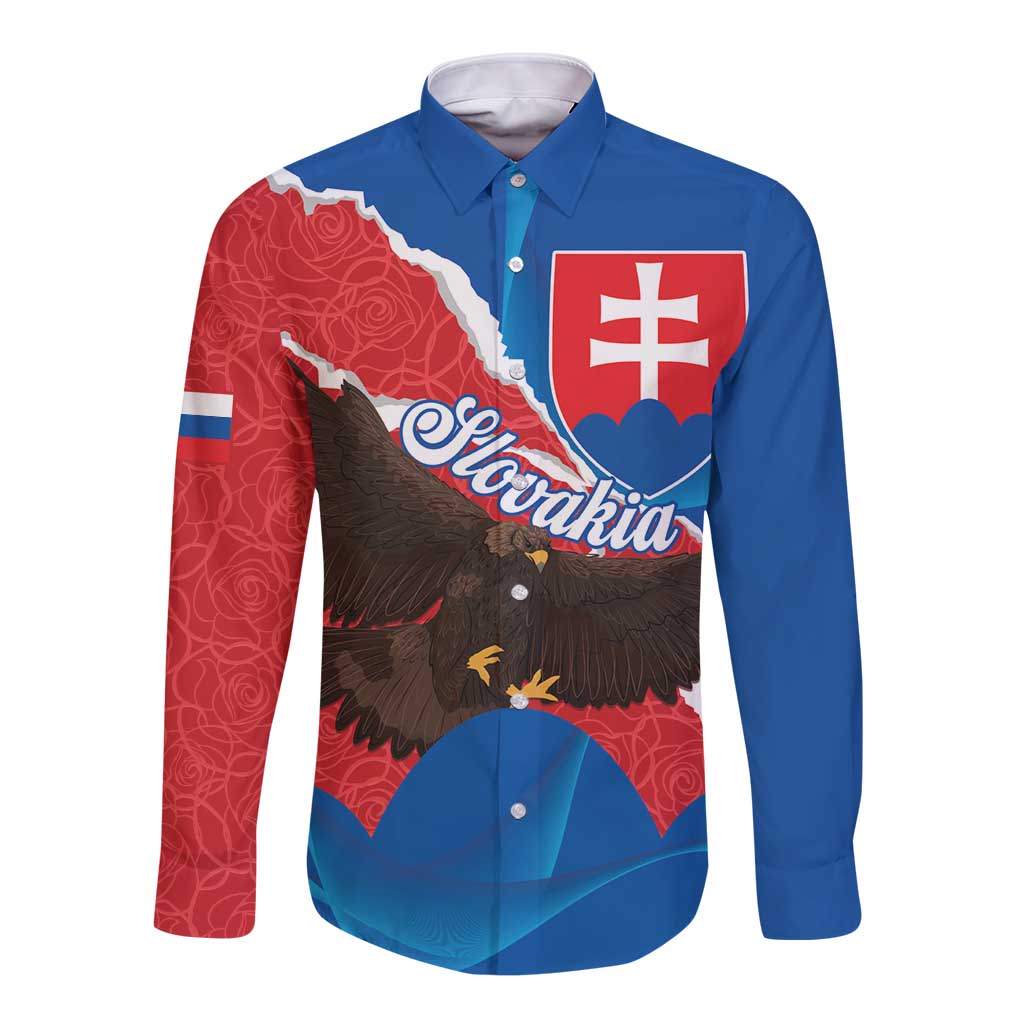 Blue long-sleeve button shirt with Slovakia-themed eagle and heart graphic