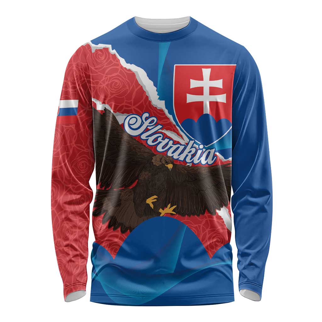Unisex long-sleeve shirt in blue with Slovak flag and eagle graphic on front