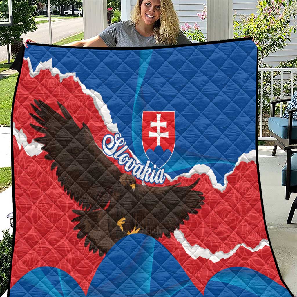 Quilt with blue, red, and black eagle graphic and white Slovakia outline
