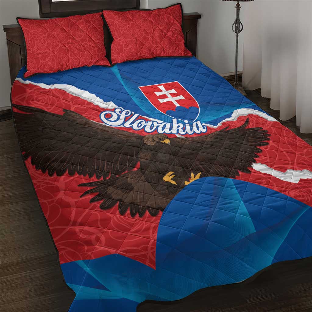 Slovakia quilt bed set: red, blue, black eagle design with matching pillow covers