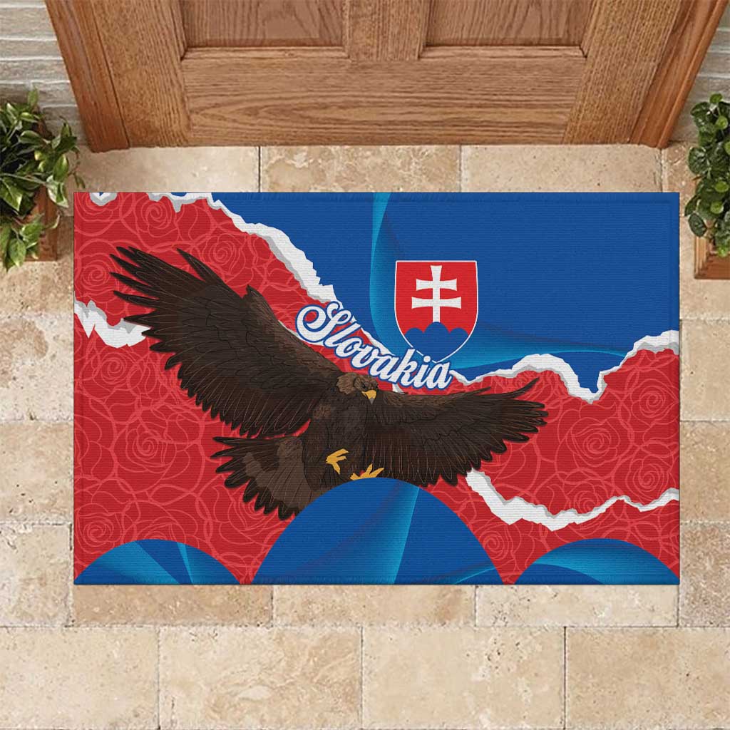 Blue and red rubber doormat with Slovakia map, black eagle, and Slovak crest