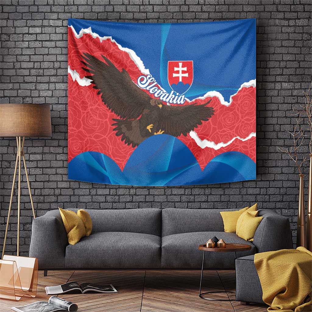 Blue and red Slovakia eagle tapestry with shield emblem and white border accents
