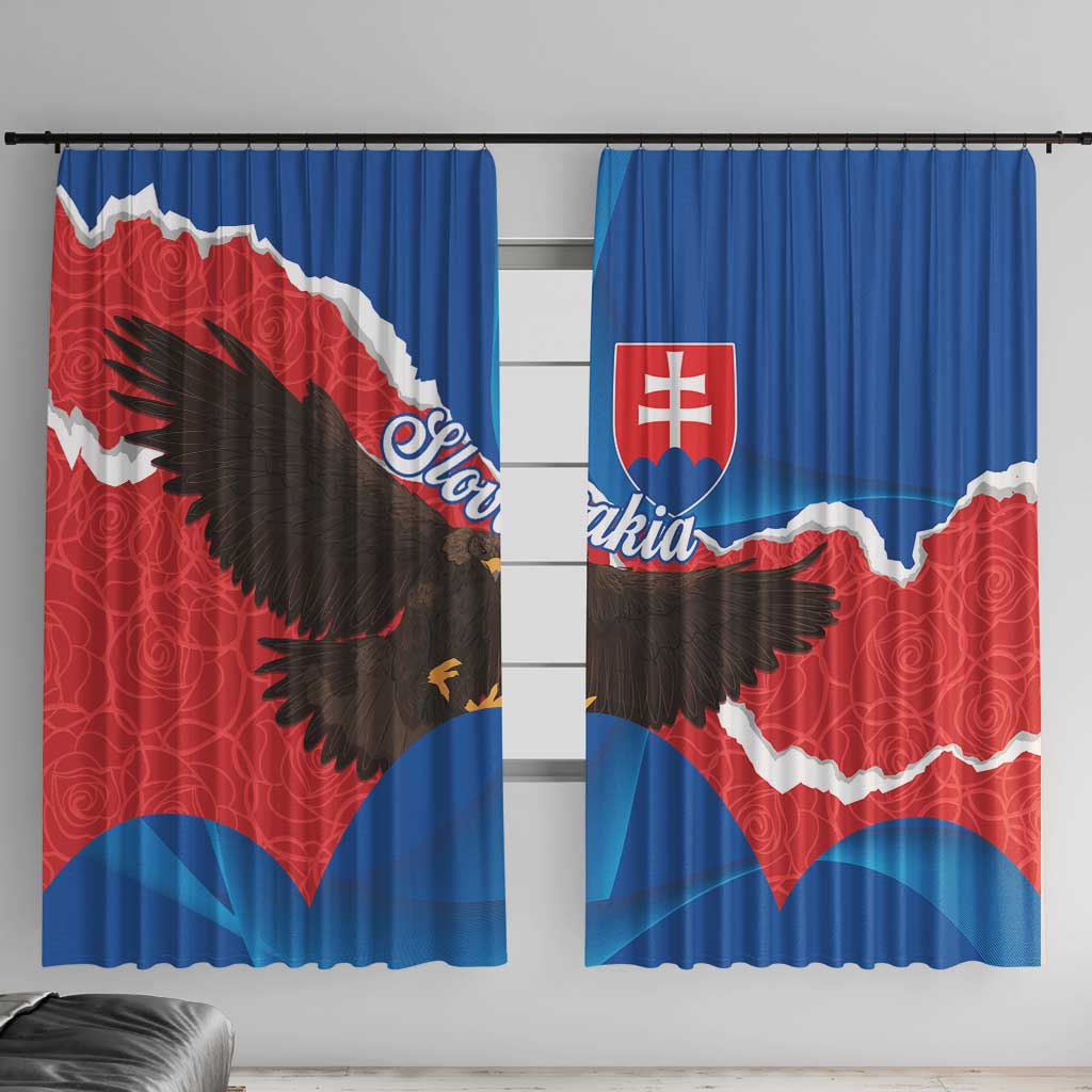 Eagle flag window curtain panels, blue and red with black details