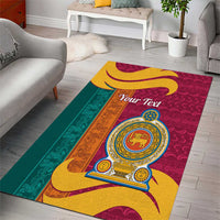 Colorful lion emblem area rug in maroon, teal, and gold with “Your Text”