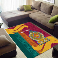Maroon, teal, and gold lion emblem area rug with “Your Text” and decorative medallion