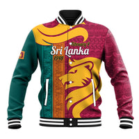 Unisex baseball jacket with striped ribbed collar, maroon/teal lion graphic front
