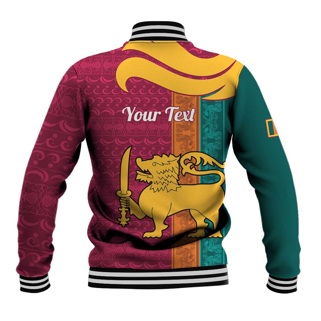 Unisex baseball jacket with striped ribbed hem, teal/maroon back lion shield graphic