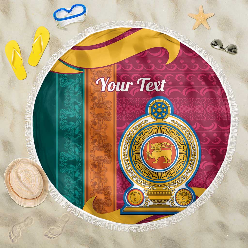 Round beach blanket with white fringe, maroon teal orange yellow stripes and lion crest