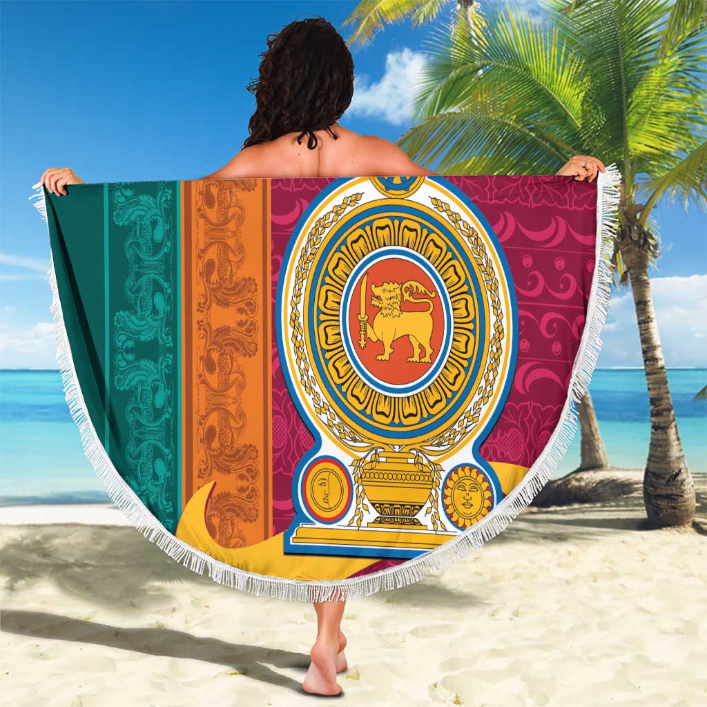 Round beach blanket with white fringe, maroon teal orange stripes and lion emblem