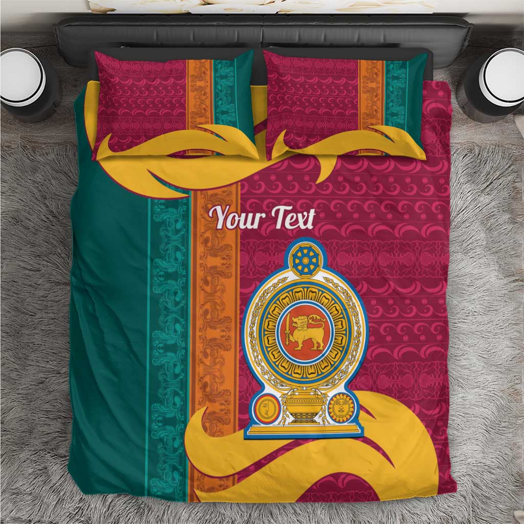 Maroon teal gold bedding set with lion emblem and striped panels, two matching pillowcases