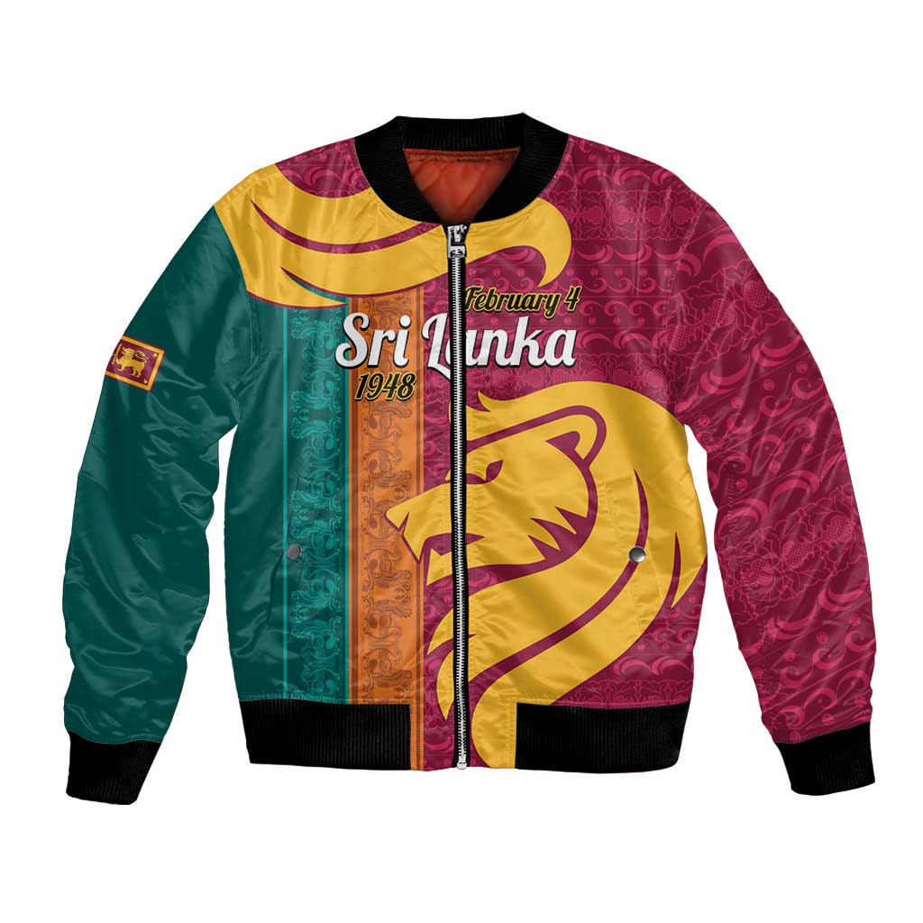 Multicolor bomber jacket with front zipper, black ribbed collar and cuffs, lion-themed panel art