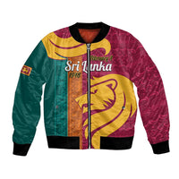 Multicolor bomber jacket with front zipper, black ribbed collar and cuffs, lion-themed panel art