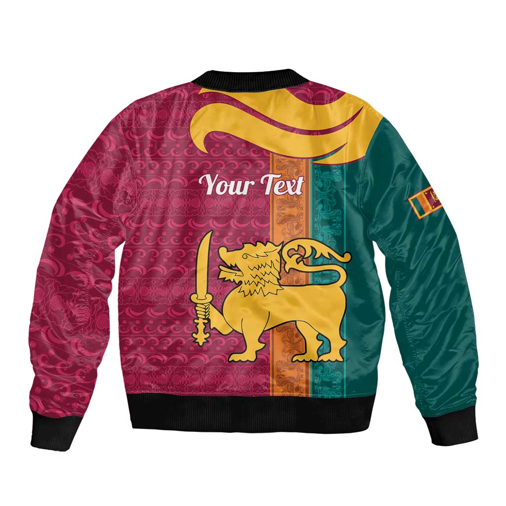 Back of multicolor bomber jacket with lion holding sword graphic, maroon teal panels, black cuffs