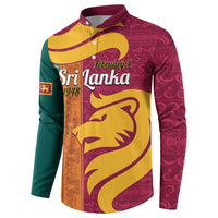 Men's button sweatshirt front with lion graphic, maroon-green-yellow panels and collar