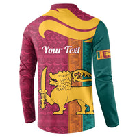 Men's button sweatshirt back with "Your Text" and lion emblem in maroon-green-yellow