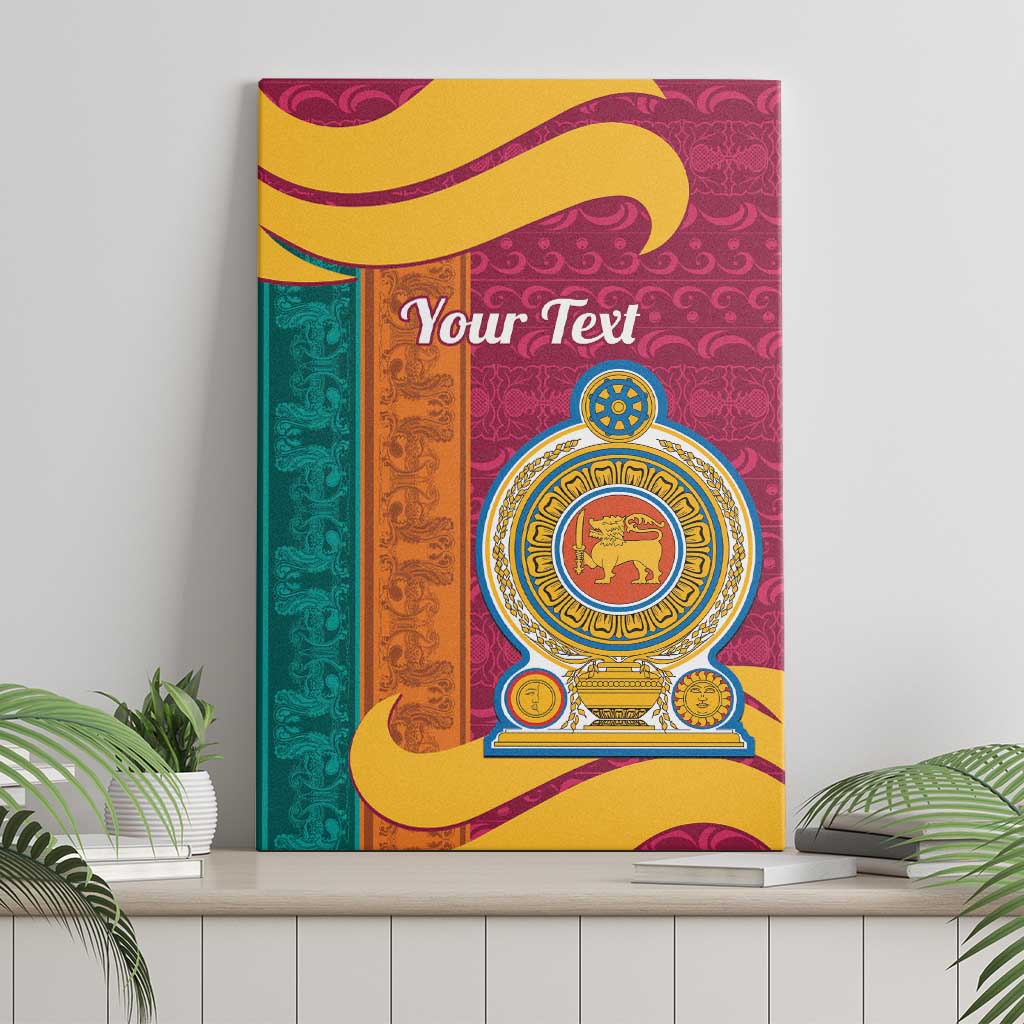 Maroon canvas wall art featuring teal and orange stripes, gold crest medallion and “Your Text”