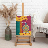 Canvas wall art displayed on a wooden easel: maroon pattern with gold lion crest medallion