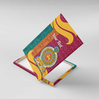 Angled canvas wall art showing maroon, teal, and orange bands with gold lion crest medallion