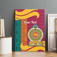 Maroon patterned canvas wall art with teal and orange columns and gold lion crest medallion
