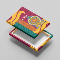 Canvas wall art stacked/angled view with maroon, teal, and orange designs and gold lion crest