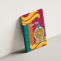 Maroon canvas wall art on a white wall with teal and orange accents and gold lion crest medallion