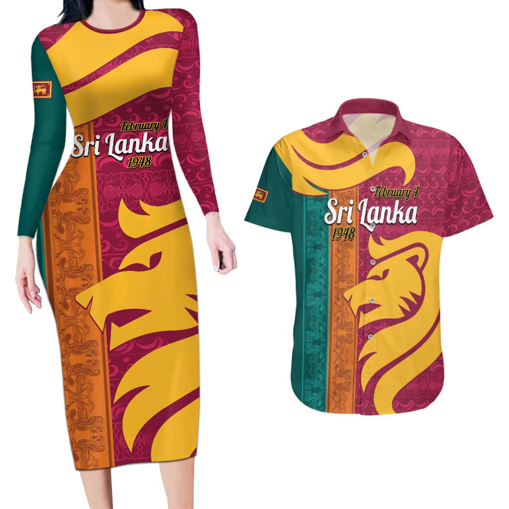 Sri Lanka Independence Day Couples Matching Long Sleeve Bodycon Dress and Hawaiian Shirt Sri Lankan Lion Mix Sinhalese Pattern - Wonder Print Shop