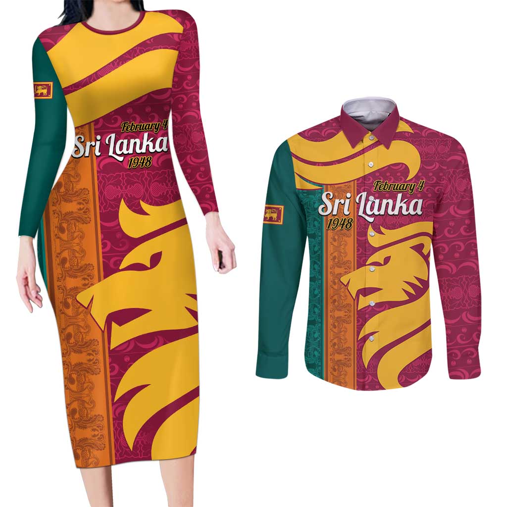 Sri Lanka Independence Day Couples Matching Long Sleeve Bodycon Dress and Long Sleeve Button Shirt Sri Lankan Lion Mix Sinhalese Pattern - Wonder Print Shop