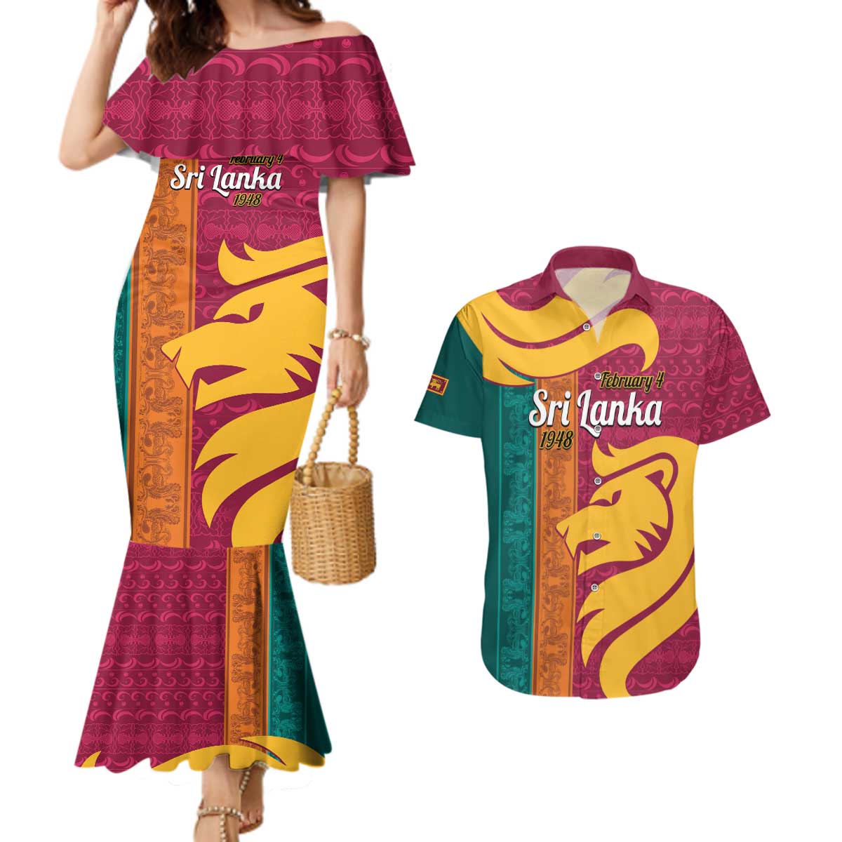 Sri Lanka Independence Day Couples Matching Mermaid Dress and Hawaiian Shirt Sri Lankan Lion Mix Sinhalese Pattern - Wonder Print Shop