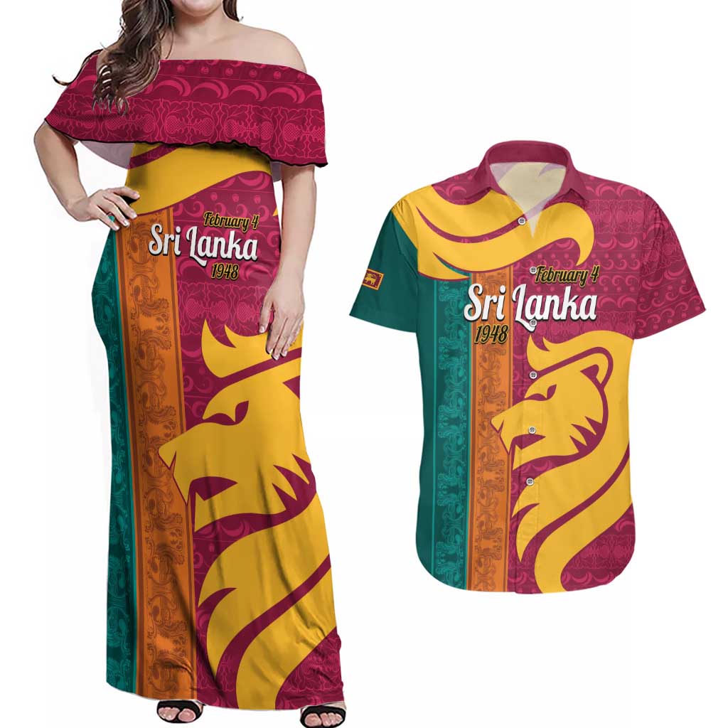 Sri Lanka Independence Day Couples Matching Off Shoulder Maxi Dress and Hawaiian Shirt Sri Lankan Lion Mix Sinhalese Pattern - Wonder Print Shop