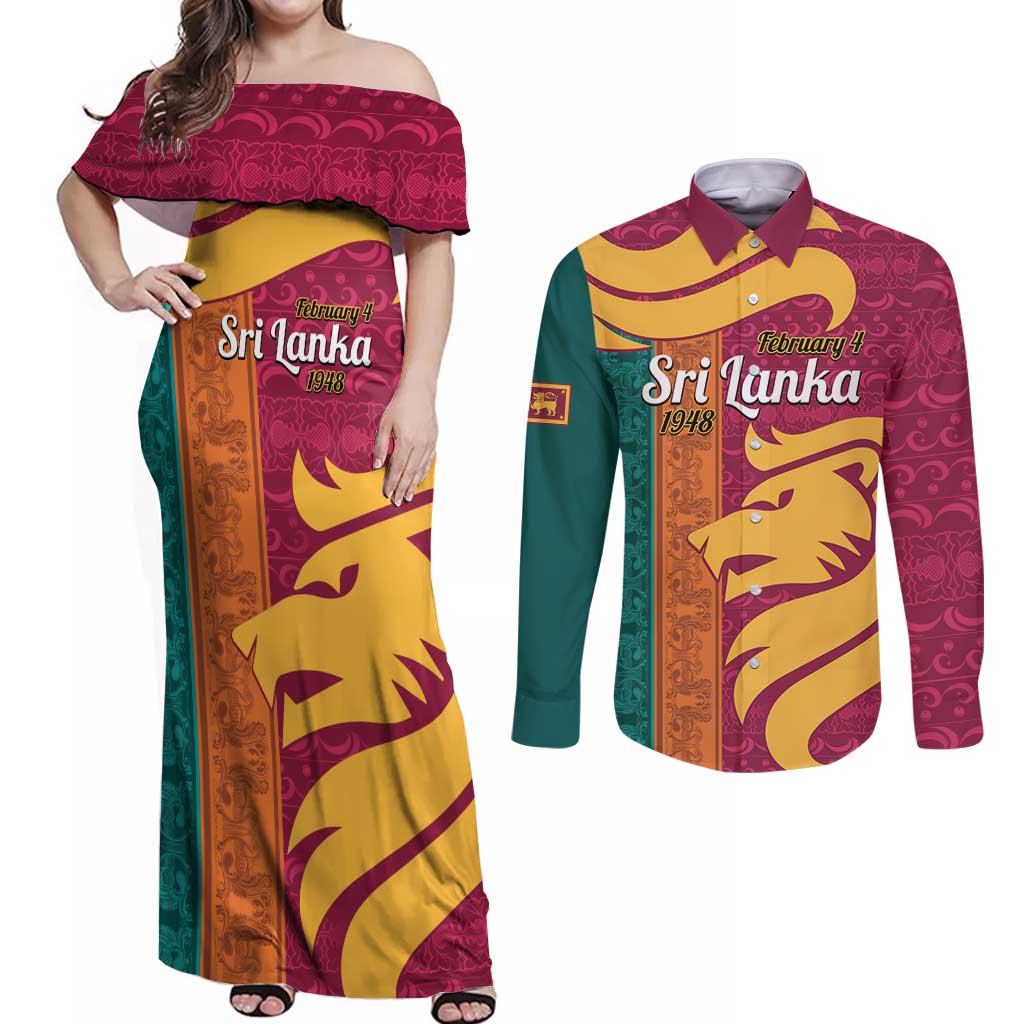 Sri Lanka Independence Day Couples Matching Off Shoulder Maxi Dress and Long Sleeve Button Shirt Sri Lankan Lion Mix Sinhalese Pattern - Wonder Print Shop