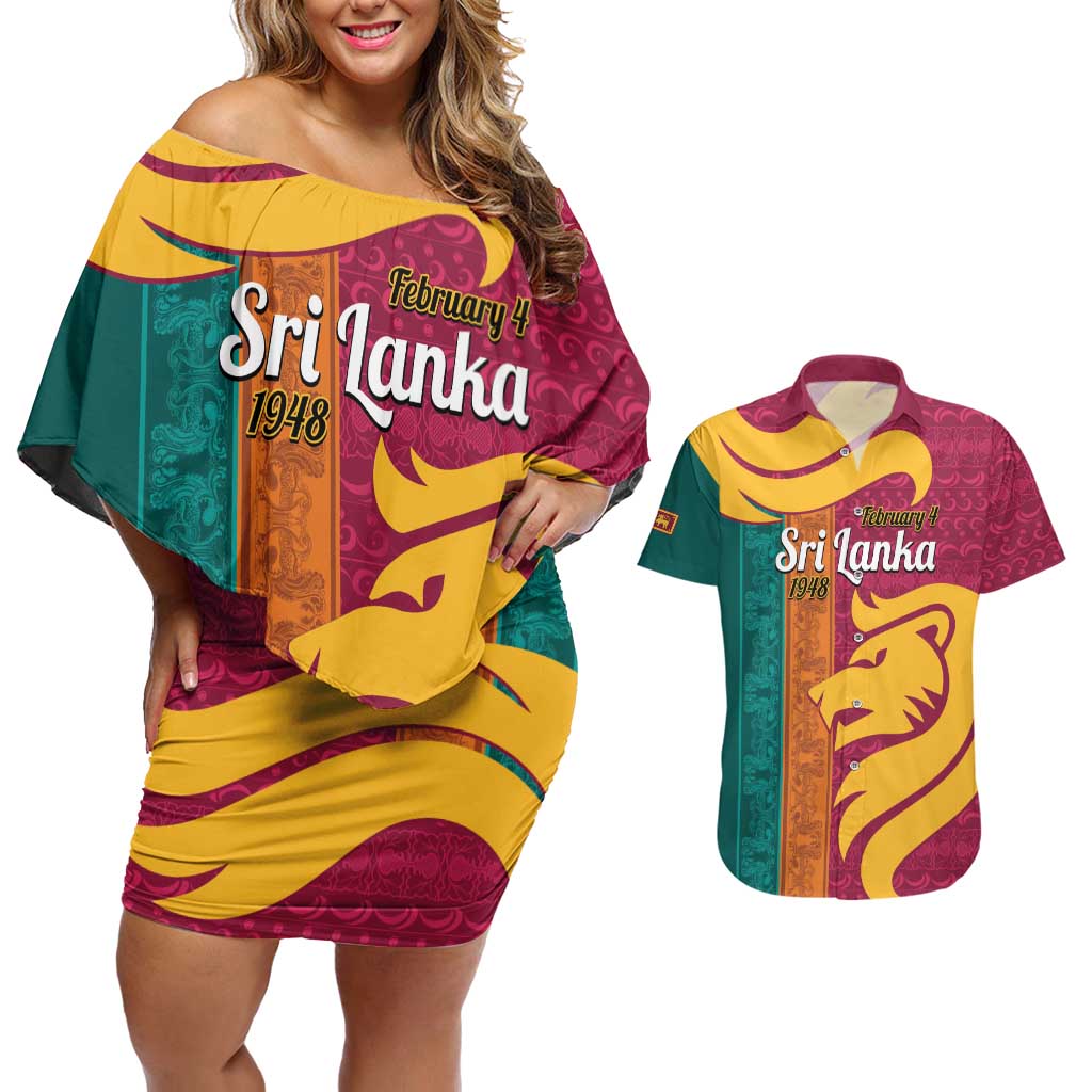 Sri Lanka Independence Day Couples Matching Off Shoulder Short Dress and Hawaiian Shirt Sri Lankan Lion Mix Sinhalese Pattern - Wonder Print Shop