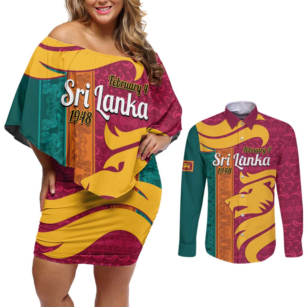 Sri Lanka Independence Day Couples Matching Off Shoulder Short Dress and Long Sleeve Button Shirt Sri Lankan Lion Mix Sinhalese Pattern - Wonder Print Shop