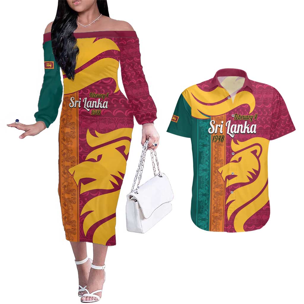 Sri Lanka Independence Day Couples Matching Off The Shoulder Long Sleeve Dress and Hawaiian Shirt Sri Lankan Lion Mix Sinhalese Pattern - Wonder Print Shop