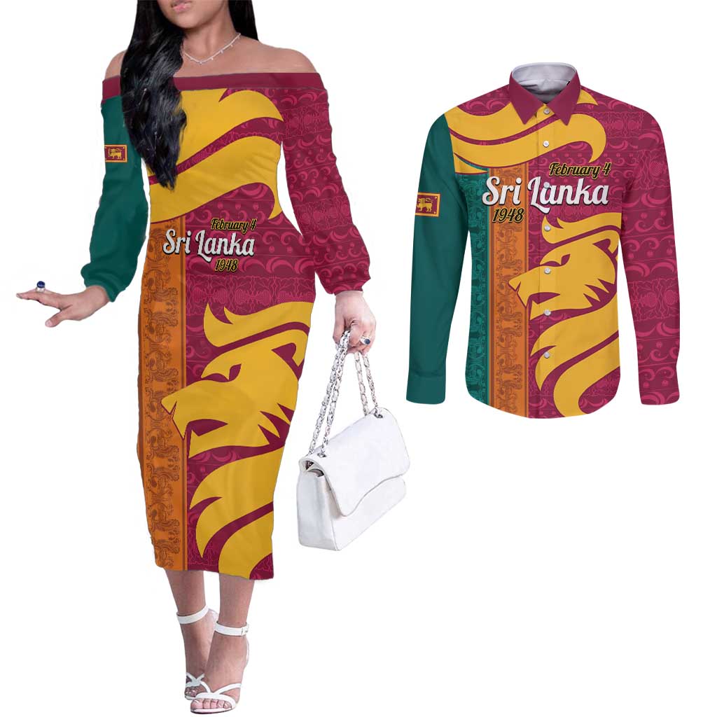 Sri Lanka Independence Day Couples Matching Off The Shoulder Long Sleeve Dress and Long Sleeve Button Shirt Sri Lankan Lion Mix Sinhalese Pattern