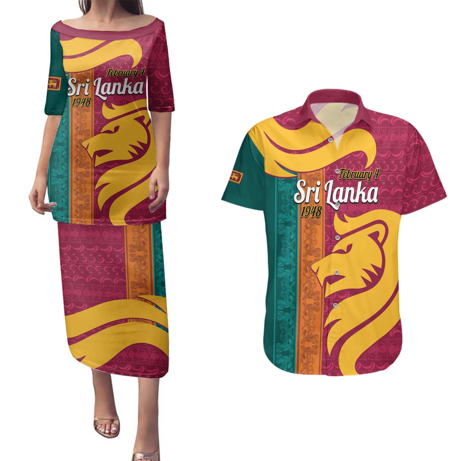 Sri Lanka Independence Day Couples Matching Puletasi and Hawaiian Shirt Sri Lankan Lion Mix Sinhalese Pattern - Wonder Print Shop