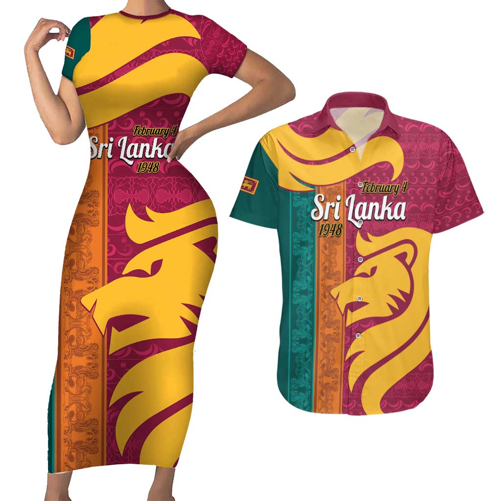 Sri Lanka Independence Day Couples Matching Short Sleeve Bodycon Dress and Hawaiian Shirt Sri Lankan Lion Mix Sinhalese Pattern - Wonder Print Shop