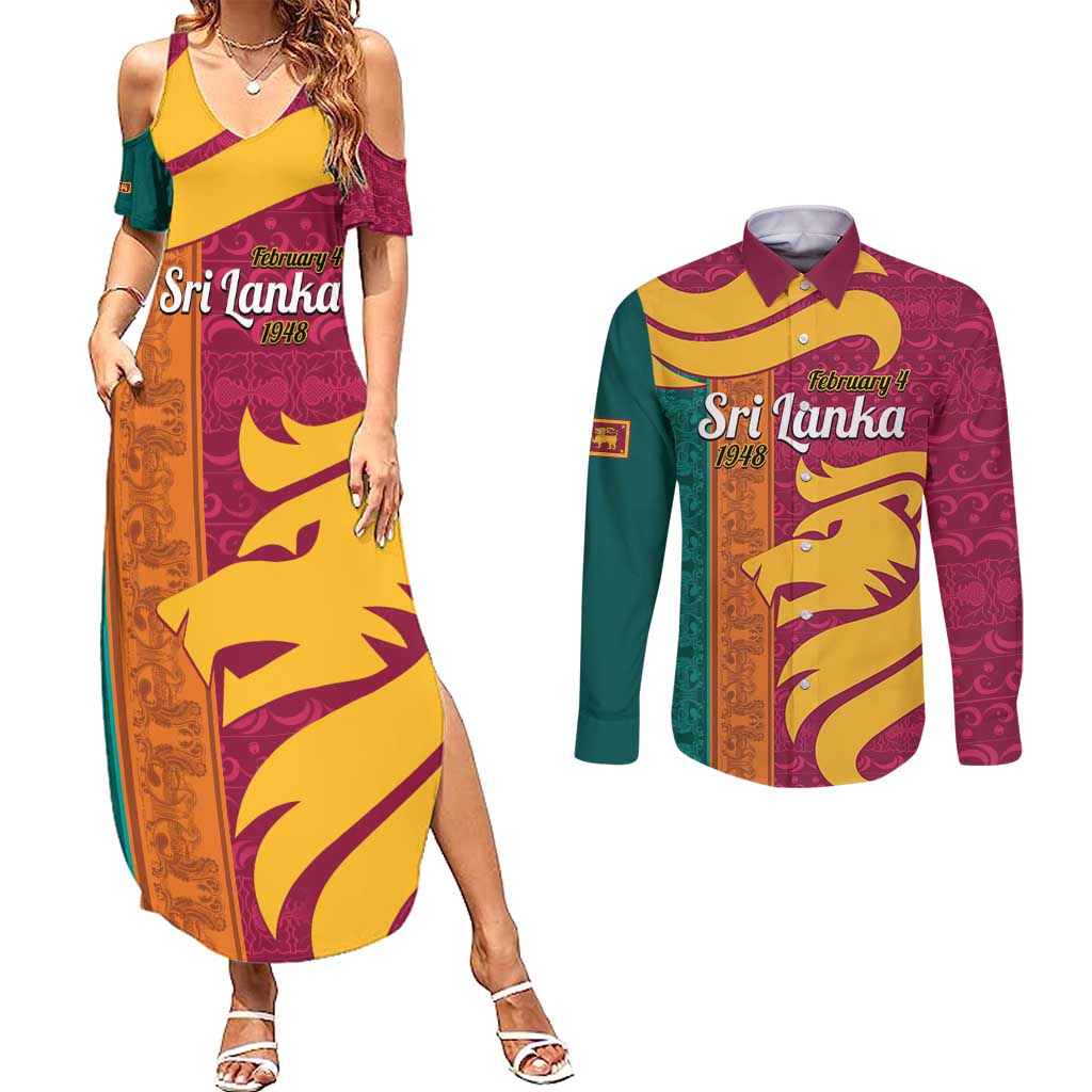 Sri Lanka Independence Day Couples Matching Summer Maxi Dress and Long Sleeve Button Shirt Sri Lankan Lion Mix Sinhalese Pattern - Wonder Print Shop