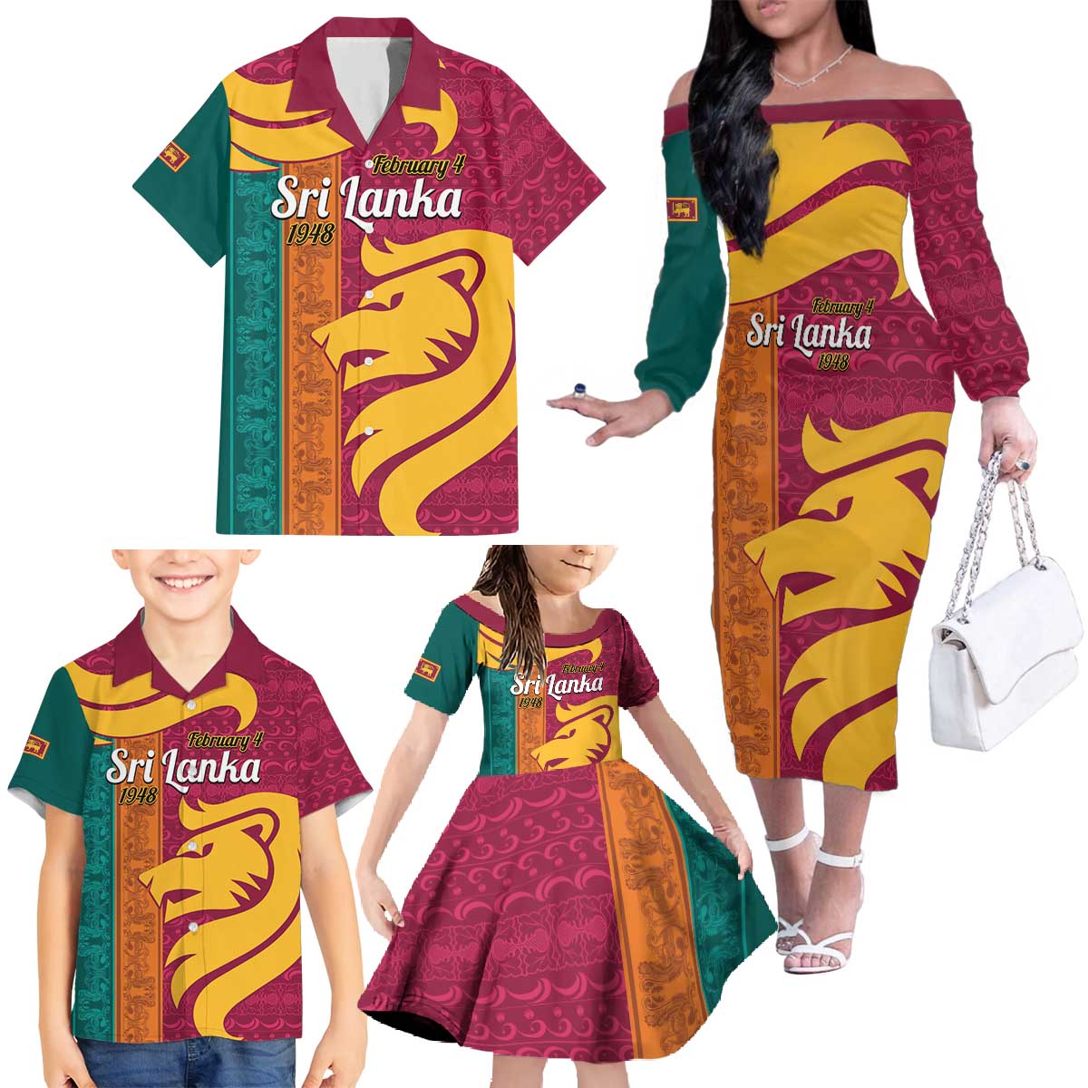 Sri Lanka Independence Day Family Matching Off The Shoulder Long Sleeve Dress and Hawaiian Shirt Sri Lankan Lion Mix Sinhalese Pattern - Wonder Print Shop