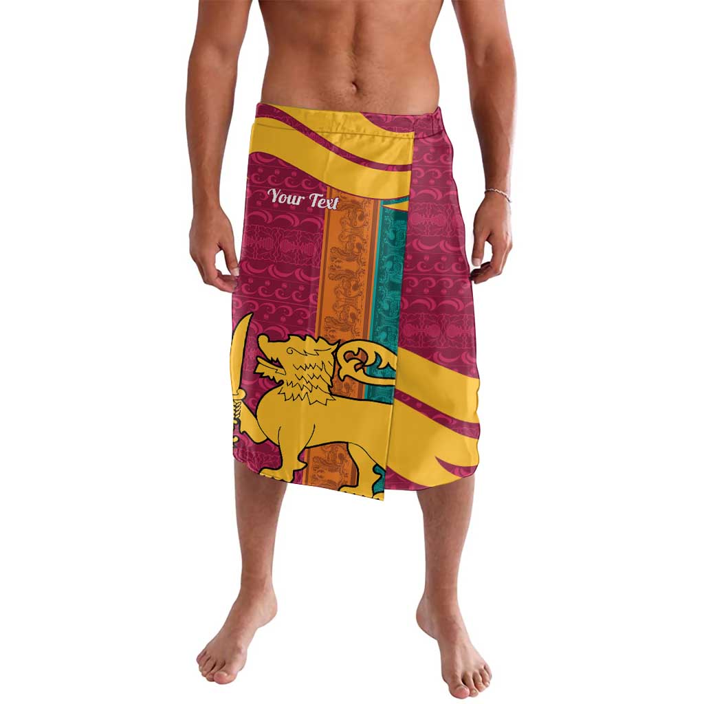 Maroon lavalava sarong with lion print and multicolor blocks bordered in yellow