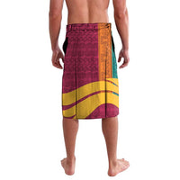 Maroon lavalava sarong with large central panel and yellow stripe border