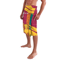 Maroon lavalava sarong featuring lion graphic, teal panel, and yellow trim