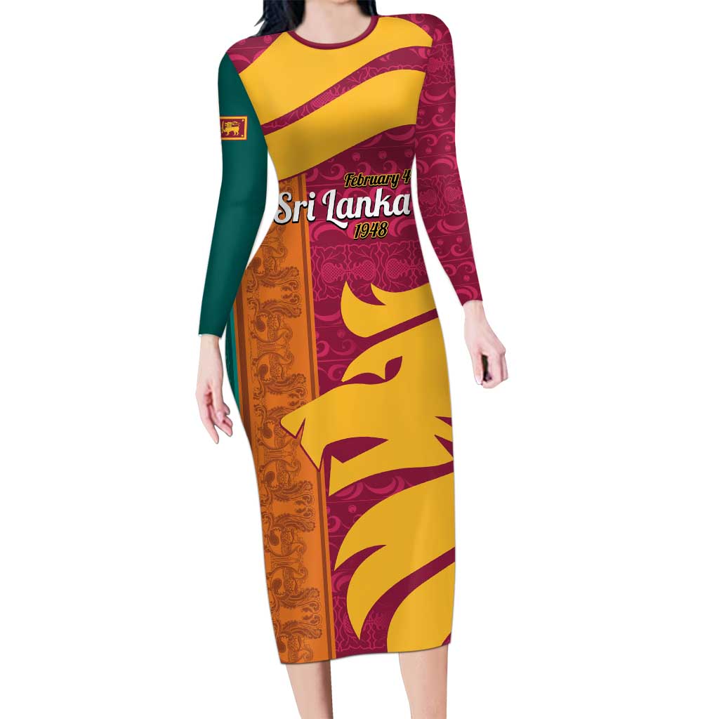 Sri Lanka Independence Day Long Sleeve Bodycon Dress Sri Lankan Lion Mix Sinhalese Pattern - Wonder Print Shop