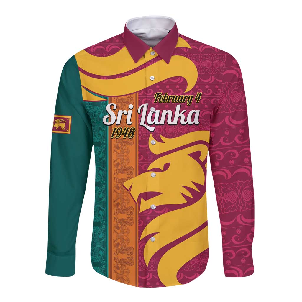 Maroon long-sleeve button shirt with yellow lion graphic and Sri Lanka themed front